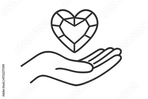 Hand holding a precious heart shaped gem. Linear vector icon for concepts of love, donation, charity, care, and health. Jewel gift symbol for volunteering, support, hope.