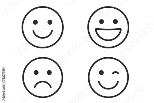 Smiley face icon set. Emoticon collection with happy, sad, laughing, and winking expressions. Simple line vector illustration for mood, feeling, feedback, and emotion concepts.