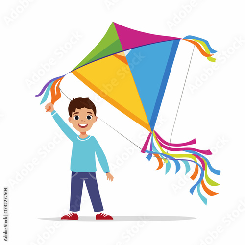 Happy young boy joyfully flying a colorful kite in a sunny outdoor setting, embodying childhood fun and freedom