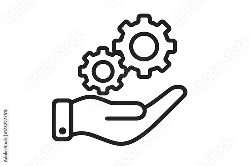 Hand with gears line icon. Support, service, and solution concept. Technology and engineering symbol. Workflow, process, and operations management vector illustration.