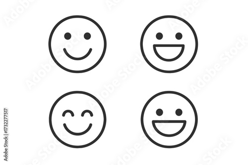 Simple smiley face line icon set. Happy emotions and positive expressions. Vector collection of minimal outline emoticons for UI design. Good mood, satisfaction and joy symbols.