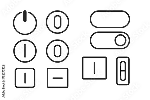 Power button and on off switch line icon set. Collection of minimalist outline toggle and slider symbols for web design, UI, UX, and app interface. Vector start stop signs.