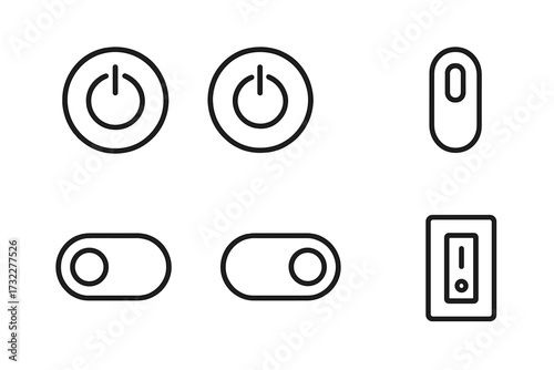 On off switch line icon set. Power button and toggle symbols for web design and apps. UI UX outline pictogram kit. Digital control panel sign. Start, stop and power concept.