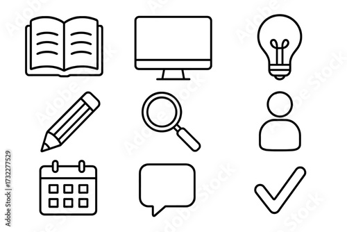 E-learning and business workflow simple line icon set. Thin vector icons for online course, research, creative idea, schedule planning, user profile, communication.