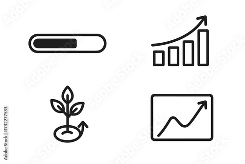 Business analytics thin line icon set. Growth chart, data graph, progress bar, plant development symbol. Finance success concept. Editable stroke vector for infographics, web, ui.