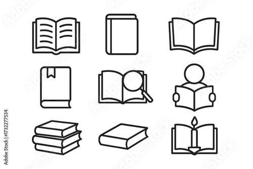 Book icon set collection in thin line style. Vector symbols for reading, education, library, and literature. Includes open and closed books, bookmark, research, reader pictogram.