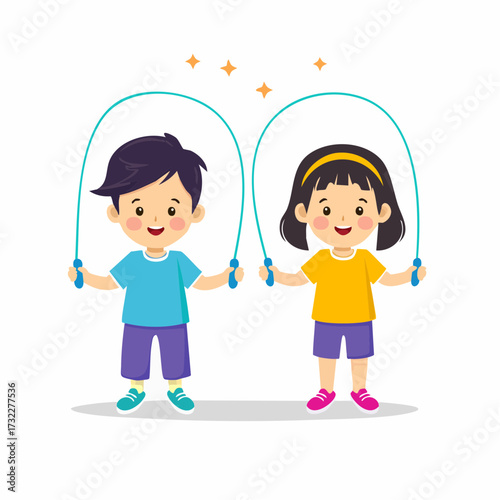Joyful cartoon kids, a boy and a girl, having fun skipping rope together, illustrating energetic childhood activity