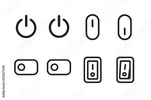 On Off switch line icon set. Power button, toggle switch, and slider icons. Outline vector symbol collection for web design, apps, UI, and UX. Simple interface element.