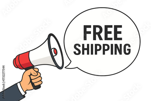 Hand holding megaphone with free shipping speech bubble. Loudspeaker for business, marketing, advertising. E-commerce promotion banner. Announcement concept. Vector icon sign.