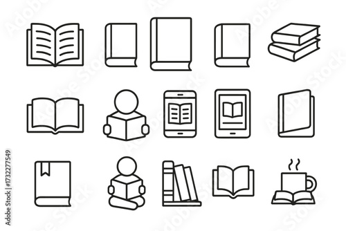 Book and reading line icon set. Collection of simple outline symbols. Vector signs for web, mobile app, library, education, bookstore, study, literature, knowledge. Person reading.