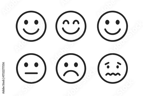 Set of emoji line icons. Smile face emoticon collection. Happy, sad, neutral, anxious mood. Customer feedback or satisfaction rating symbol. Vector graphic for web, apps.