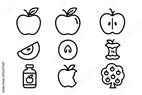 Apple fruit icon set. Healthy food concept. Vector line art symbols. Fresh fruit, harvest, orchard. Includes apple tree, juice, core, slice. Simple outline illustration.