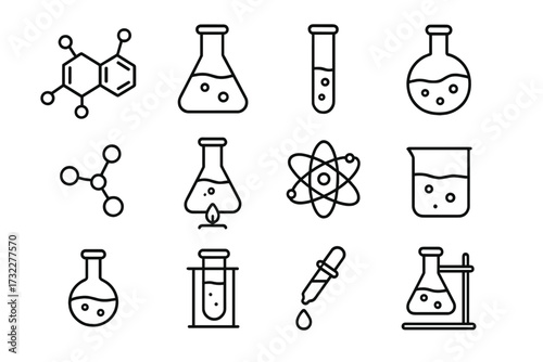 Chemistry line icon set. Science and laboratory research vector symbols. Outline collection of lab equipment, flask, beaker, test tube, atom, molecule. Editable stroke.