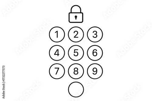 Vector passcode lock screen interface. Phone login, password entry page. Mobile ID recognition and authentication concept. Security, privacy, access control. Numbers keypad display.