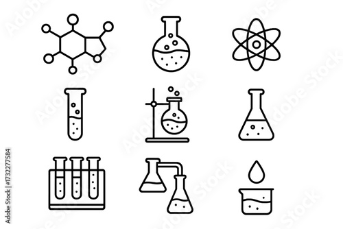 Set of chemistry and science line icons. Laboratory research and experiment symbols. Vector collection of molecule, atom, flask, test tube, beaker. Editable stroke for design.