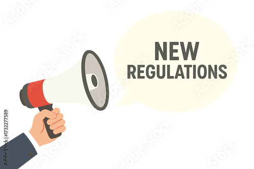 Announcing new regulations concept. Hand with megaphone or loudspeaker. Important message for business compliance, government policy update, legal notice and law change vector.