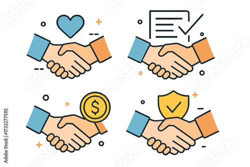 Handshake vector icon set. Partnership, agreement, good deal concepts. Shaking hands with heart for trust, contract for deal, dollar coin for finance, and shield for security.