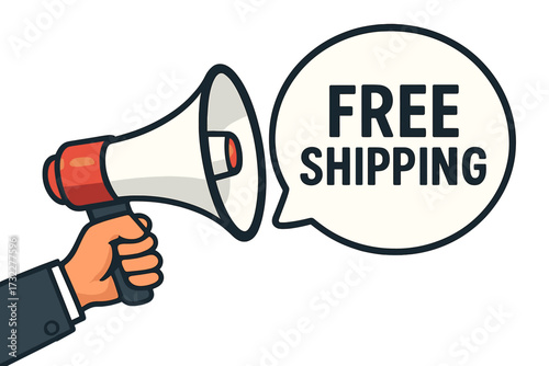 Male hand holding megaphone with free shipping speech bubble. Loudspeaker for business, marketing, and advertising. Vector banner for promotion, announcement and special offer.