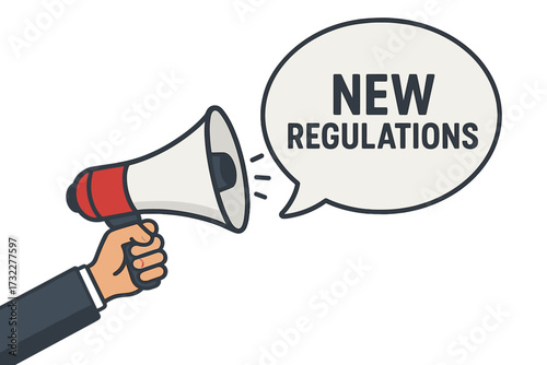 New regulations announcement vector concept. Businessman hand holding a megaphone with a speech bubble. Important policy update, legal compliance notice or law communication.