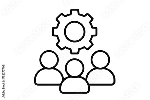 Team management icon with people and gear. Business collaboration, teamwork, and project management concept. Human resources, workflow process, and user group settings symbol.