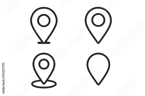 Map pin icon set for location and navigation. GPS pointer marker symbol. Vector outline illustration for web, app, UI design. Geolocation position and destination concept.