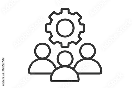 Teamwork and collaboration icon. Business process management and project development concept. Group of people with gear symbol for workflow settings and organization structure.