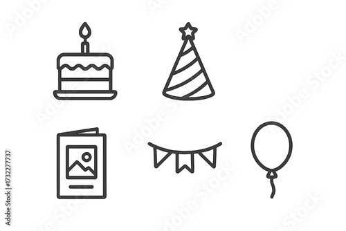 Birthday party celebration line icon set with cake, hat, card, garland, and balloon. Simple outline vector graphic collection for web, apps, and print. Editable stroke.