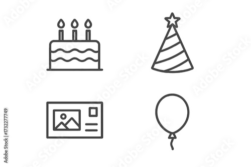 Birthday party celebration simple line icons set. Vector collection with cake, holiday hat, postcard and balloon. Editable stroke for web, apps, cards, and books.