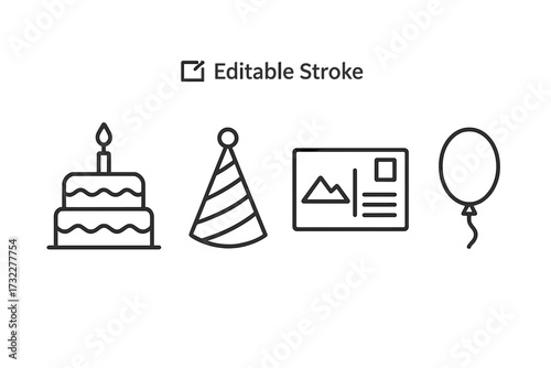 Birthday party celebration line icon set. Includes cake with candle, party hat, postcard, and balloon. Simple isolated vector icons with editable stroke for web and mobile.