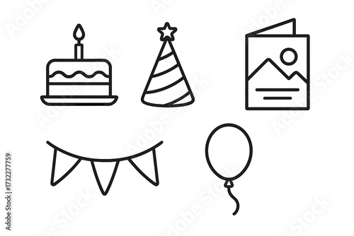 Birthday party celebration line icon set. Vector collection with cake, candle, party hat, greeting card, garland, and balloon. Minimalist outline symbols for event design.