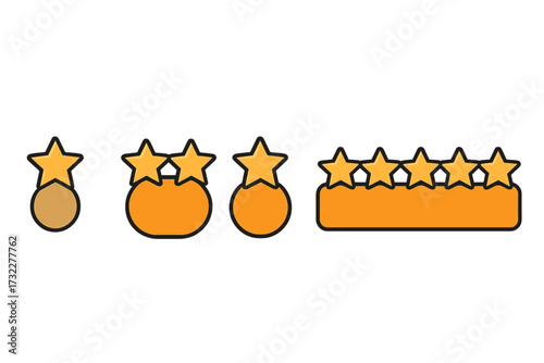 Rating stars vector icon set for customer feedback and product review. Concept of satisfaction level, quality and rank. Five star golden badge collection for classification.