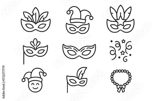 Carnival mask thin line icon set. Masquerade party and Mardi Gras vector symbols. Festival celebration linear pictograms with jester, feather masks, beads, and confetti.