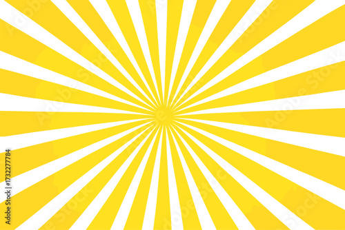 Yellow sunburst background with radial rays. Retro comic pop art style starburst effect. Abstract sunshine vector illustration. Sunrise light beam explosion for vintage design.