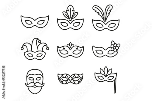 Carnival mask line icon set. Masquerade party collection. Vector illustration for celebration, festival. Venetian, Mardi Gras costume concept. Editable stroke symbols for web.