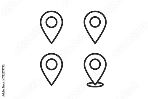 Set of map pin icons. Location pointer and navigation marker collection. Simple line art for GPS, destination, address, and travel concepts. Vector symbols for web and UI design.