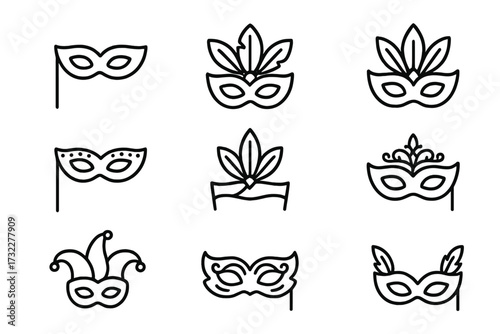 Carnival mask line icon set for masquerade party. Vector collection of Venetian and Mardi Gras celebration symbols. Editable stroke pictogram pack for festival design elements.