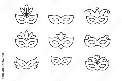 Carnival mask thin line icon set. Masquerade party outline vector symbols. Venetian festival and Mardi Gras celebration collection. Mystery disguise and theatre costume elements.