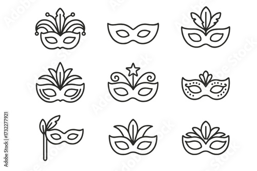 Carnival mask line icon set. Venetian masquerade, Mardi Gras festival vector symbols. Celebration party face disguise. Anonymous theatre costume. Editable stroke line art.