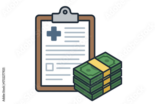 Health insurance claim form on a medical clipboard with a stack of money. Concept of expensive healthcare, medical spending, treatment costs, and health financing. Vector.