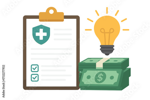 Health insurance cost idea. Medical expenses and healthcare spending concept. Clipboard with claim form, money pile, and lightbulb. Financial planning for medicine. Vector.