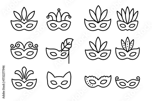 Carnival mask line icon set. Vector collection of masquerade and festival symbols for Mardi Gras. Thin line art illustration for party, celebration, and costume design concepts.
