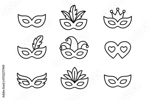 Carnival mask simple line icon collection. Vector masquerade party outline icons set with editable stroke. Festival, celebration, Mardi Gras, and jester symbols.