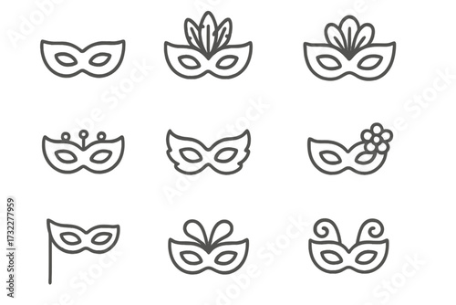 Carnival mask line icon set. Masquerade ball, festival, party symbol collection. Vector illustration with editable stroke. Minimal disguise pictogram for web, app. Mardi Gras.
