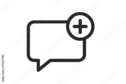 New message icon. Add chat symbol. Plus sign in speech bubble. Start conversation concept. Communication element for web, app ui. Line art vector illustration isolated.