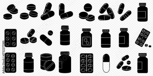 A collection of black silhouette icons depicting various pills, capsules, medicine bottles, and blister packs.