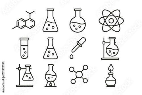 Chemistry line icon set. Science experiment. Laboratory research. Education concept. Chemical reaction. Vector outline pictogram. Lab glassware, flask, beaker, atom, molecule.