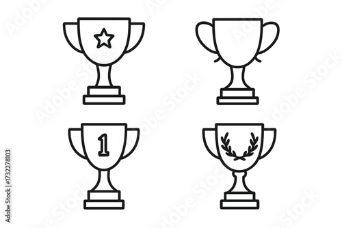 Trophy cup award icon set. Line art collection for winner, victory, and success concepts. First place prize, champion achievement symbols. Vector illustration for web and app.