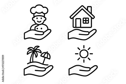 Service and care icon set. Hand holding chef, house, holiday, sun. Real estate, hospitality, travel insurance concepts. Vector outline icons for web design, apps, graphic.