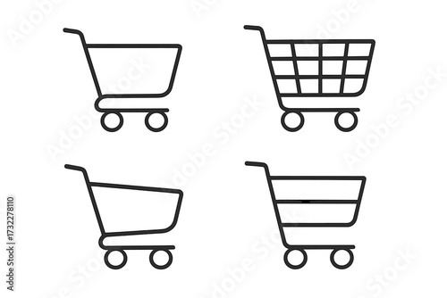 Shopping cart thin line icon set. Online store and e-commerce symbol collection. Add to cart button for website and app. Retail sale, buy pictogram. Market basket, trolley.