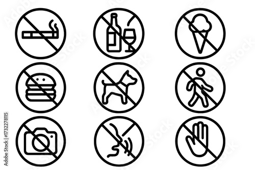 Set of forbidden signs line icons. Prohibition symbol pack with no smoking, food, alcohol, pets, camera. Vector outline pictogram for web, UI, UX and public places.
